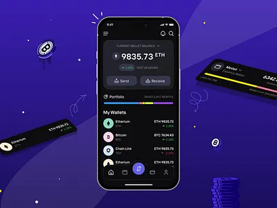 Coinze - Crypto Wallet App (Dark version) animation app app design banking app bitcoin blockchain crypto app crypto currency crypto dashboard dark mode dark theme ethereum ewallet financial fintech app mobile app mobile app design mobile ui night mode wallet