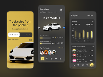 Sales Management App car dark theme dashboard ecommerce mobile app mobile dashboard tesla app