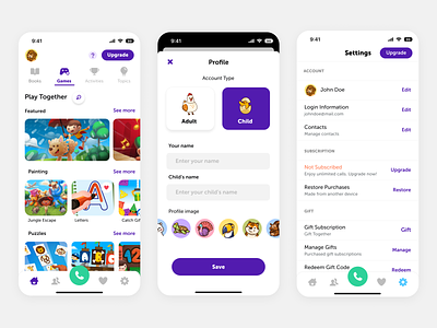 New Kinzoo Together - Video calling app alerts app books brand contacts design family fun games iphone play profile redesign settings site snippets ui ux video call videocall