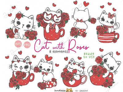 Sweet cat with red roses cartoon cat character design doodle drawing flat vector illustration kawaii cat sweet kitten valentine cat