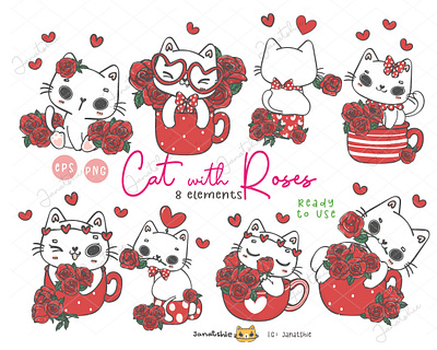 Sweet cat with red roses cartoon cat character design doodle drawing flat vector illustration kawaii cat sweet kitten valentine cat