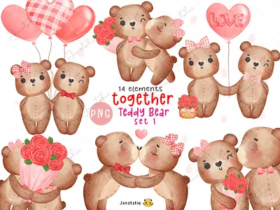 Together teddy bears watercolour bear cartoon character heart balloon illustration love romantic teddy together valentine watercolor watercolour