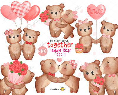 Together teddy bears watercolour bear cartoon character heart balloon illustration love romantic teddy together valentine watercolor watercolour