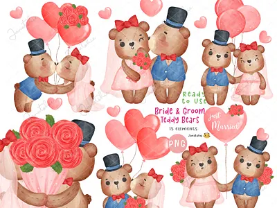 Bride and Groom Teddy Bears watercolour anniversary bear bride and groom character design cute animal sweet woodland teddy valentine watercolor watercolour wedding