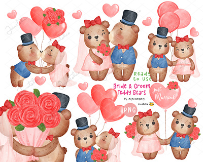 Bride and Groom Teddy Bears watercolour anniversary bear bride and groom character design cute animal sweet woodland teddy valentine watercolor watercolour wedding