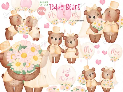 Mr. and Mrs. Teddy Bear watercolour animal anniversary bride and groom character design illustration love romantic sweet bear teddy bears valentine watercolor watercolour wedding