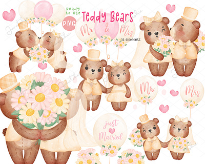 Mr. and Mrs. Teddy Bear watercolour animal anniversary bride and groom character design illustration love romantic sweet bear teddy bears valentine watercolor watercolour wedding
