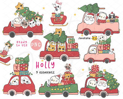 I am driving home for Christmas cats and friends cars character christmas cute cat doodle drawing driving flat vector friends hand drawing kawaii cartoon kawaii cat pine tree
