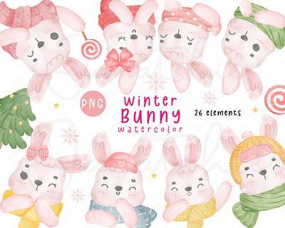 Winter Bunny Watercolour bunny watercolour character design cute rabbit illustration kawaii animal kawaii bunny kid watercolor scarf winter