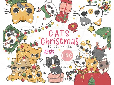 Christmas cat party cartoon character christmas cat cute cat doodle festive funny kitten hand drawing kawaii animal kawaii cartoon