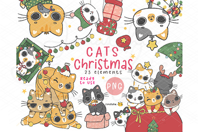 Christmas cat party cartoon character christmas cat cute cat doodle festive funny kitten hand drawing kawaii animal kawaii cartoon