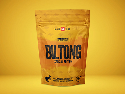 Maso Here Kangaroo Biltong - Doypack Design biltong branding company branding design doypack food kangaroo logo maso here meat package product product design snack