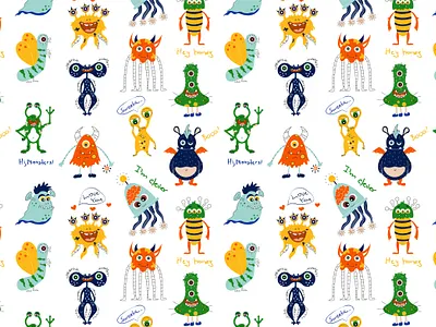 Monster pattern cartoon flat funny kids monsters pattern vector