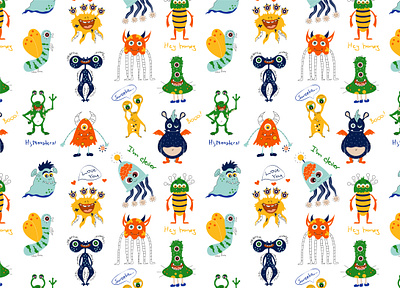 Monster pattern cartoon flat funny kids monsters pattern vector