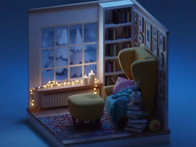 Reading corner 3d b3d blender books cold illustration isometric low poly reading render room winter