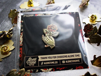 Alone Time Enamel Pin alone time badgedesign branding enamel pin gold graphic design hand illustration illustrator lapel pin logo merch design packaging rose tattoos traditional vector