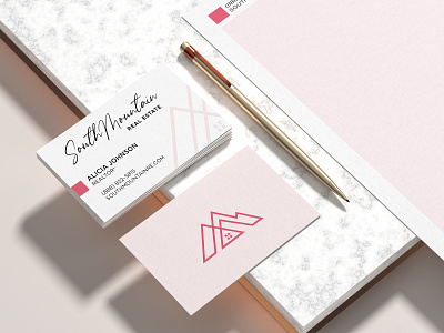 Logo and Business Card Design business business card card graphic home house icon illustrator linen logo logo design marketing mockup mountain networking pink print real estate realtor