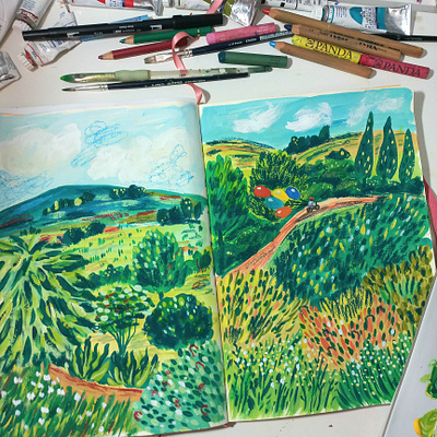 Landscape with balloons art balloons drawing gouache hand drawn illustration landscape painting sketchbook
