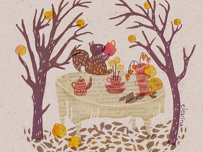 Forgotten Tea Party abandoned autumn childrens illustration collage creature cute digital illustration fall fall leaves garden illustration linocut newspaper october orchard squirrel tea cup tea party teapot texture