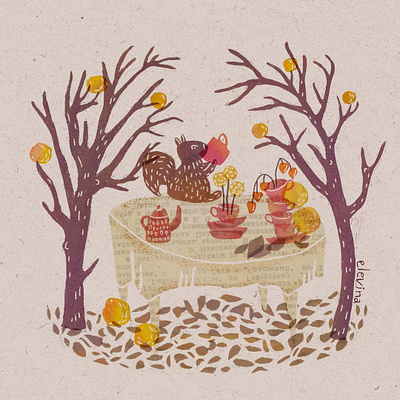 Forgotten Tea Party abandoned autumn childrens illustration collage creature cute digital illustration fall fall leaves garden illustration linocut newspaper october orchard squirrel tea cup tea party teapot texture