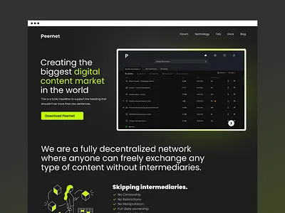 Homepage design for a decentralized marketplace black blockchain brand and identity branding crypto dark mode decentralized defi homepage marketplace neon nfts