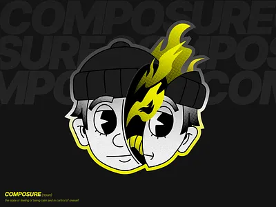 Composure 1930s cartoon character design composure corporate cuphead emotion fire line merch monochrome neon yellow retro sticker vector illustration