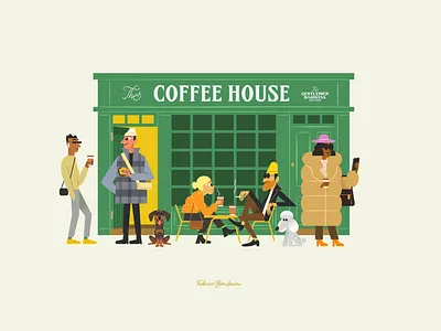 The Gentlemen Baristas, London art cafe canichetoy character design coffee coffeeshop cozy design digital art dobermann dogs fashion greenstore happy illustration london people vector warm winter