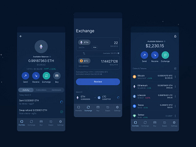 Cryptocurrency exchange wallet android app bank blue buy collectibles color crypto dapps dark exchange form ios mobile receive send ui user interface wallet