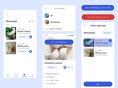 wander activites blue bookmark colletion events mobile app neighborhood notification places save ui ux