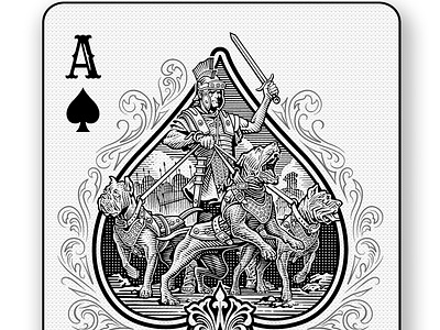 Ace of Spades ace animals dogs kane corso playing card roger xavier roman soldier scratchboard woodcut
