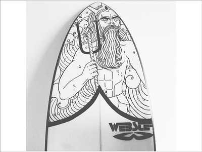Poseidon surfboard. design hand drawn illustration line drawing poseidon surfboard