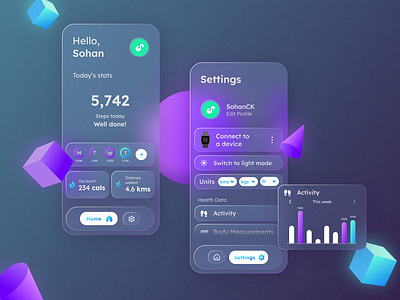 Glassmorphism - Fitness App 3d abhinaya abhinaya kondi abhinayakondi activity app application design fit fitness glass glassmorph glassmorphism settings sohan sohanck steps ui ux walk