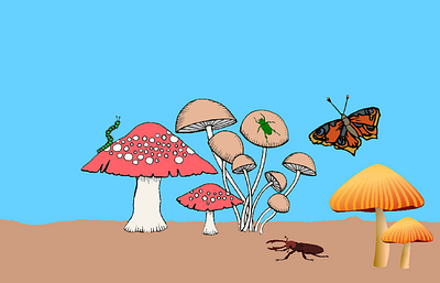 mushrooms on the ground beetles butterfly caterpillar digital art graphic design ground illustration insects mushrooms nature