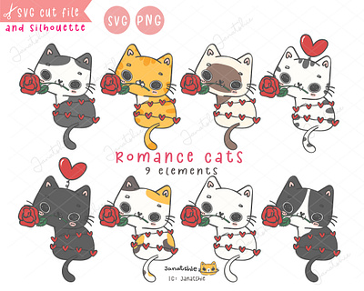 Romance Cats calico cat cartoon doodle character design cute cat doodle flat vector funny cat kawaii cat valentine cat