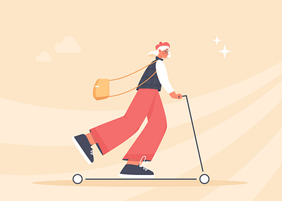 Old lady riding a scooter. Active sport. elderly flat grey hair illustration old pension riding scooter sport white hair woman
