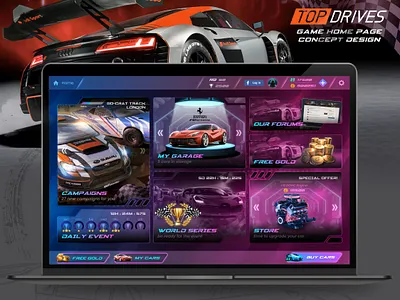 'Top Drives' Game Home Page Concept Design car racing game design game design game home page game ui graphic design ui ux