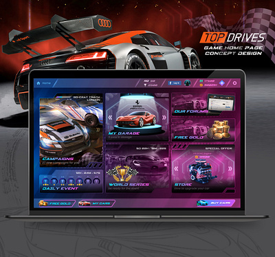 'Top Drives' Game Home Page Concept Design car racing game design game design game home page game ui graphic design ui ux