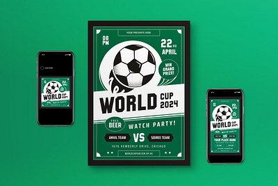 Green Flat Design World Cup Watch Party Flyer Set ball flat design football green league soccer soccer ball social media tournament watch party world cup