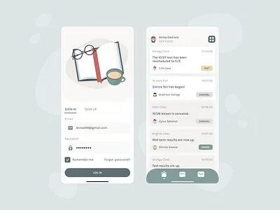 Students App app book clean coffe design glasses green illustration message mobile student students ui ux