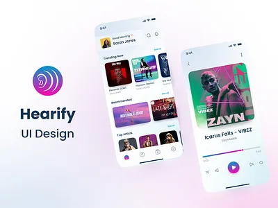 Hearify Music App animation app design branding eye catching design figma graphic design icon design logo mobile app music app music player onboarding screen premium app design search screen setting screen tab design ui design ui ux design user experience user interface