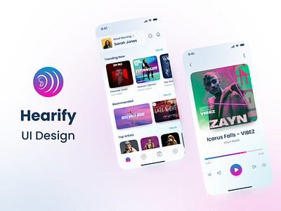 Hearify Music App animation app design branding eye catching design figma graphic design icon design logo mobile app music app music player onboarding screen premium app design search screen setting screen tab design ui design ui ux design user experience user interface