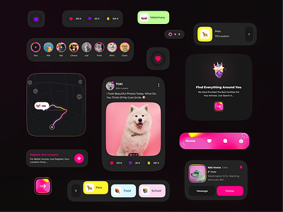 Social Media Component app buttons component component ui components dark mode design design system kit minimal mobile pet pet app product social media ui ui component user interface ux web