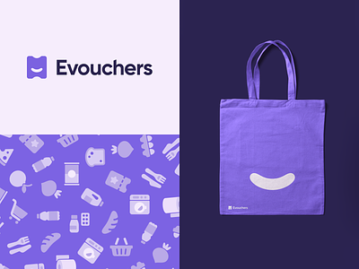 Evouchers - Strategy brand branding groceries iconography identity pattern purple smile toiletries voucher