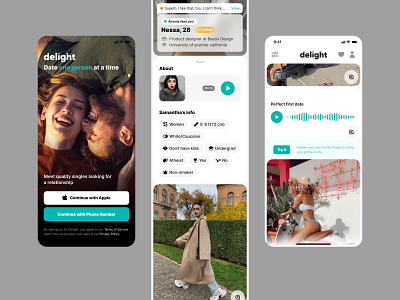 Welcome and profile screens. Dating & Relationship mobile app dating datingapp delight design find finder interface ios love match meet messenger app mobile mobile app partner person profile ui uidesign welcome