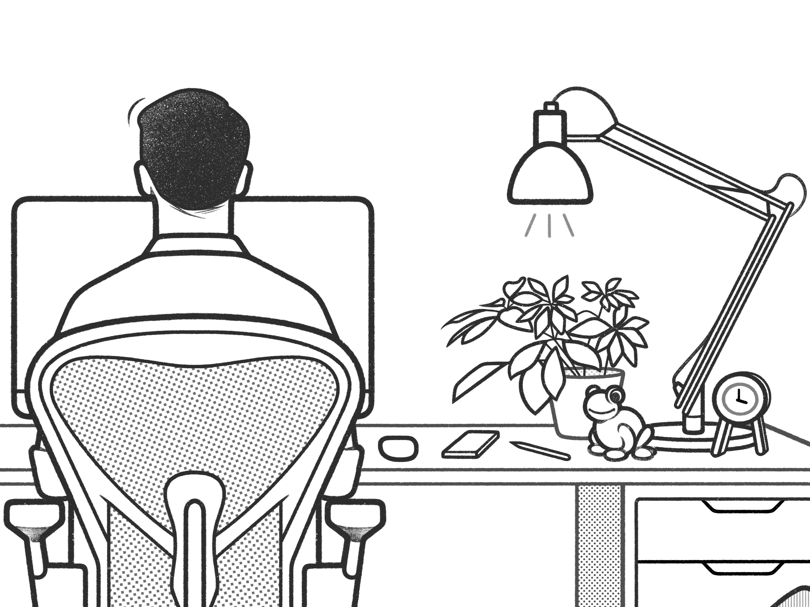 working boy black and white character character design desk details home illustration line minimal monochrome product design simple ui ux web design work