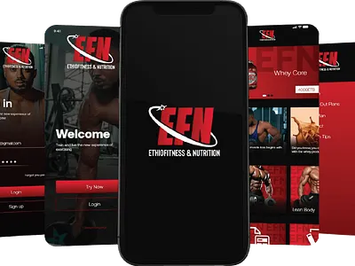 Ethio Fitness: Your Ultimate Muscle Building Companion branding fitness app graphic design logo ui uiux uiux prototyping user interface design