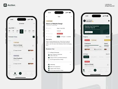 Archivr. - Startup AI Task Management Mobile App UI Design ai app app design corporate digital product elegant machine learning minimalist mobile mobile app mobile app ui mobile design modern product design productivity professional startup task management ui ux