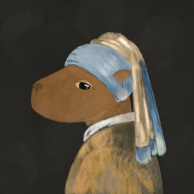 Capybara with a pearl earring animal art artwork capybara cute doodle drawing graphic design illustration oilpaint procreate