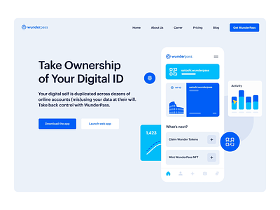 WunderPass – Landing Page Hero bazen agency blockchain brand design color palette crypto crypto currency crypto landing page data control data management data trading defi design illustration nft saas transaction ui ux visual identity