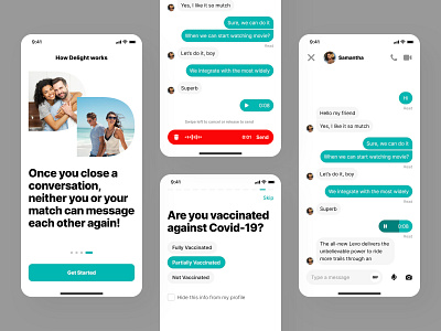 How work and chat screens. Delight Dating iOS mobile app basov chat dating datingapp delight find how work interface ios love match matching meet minimal mobile mobile app mobile design person ui uidesign
